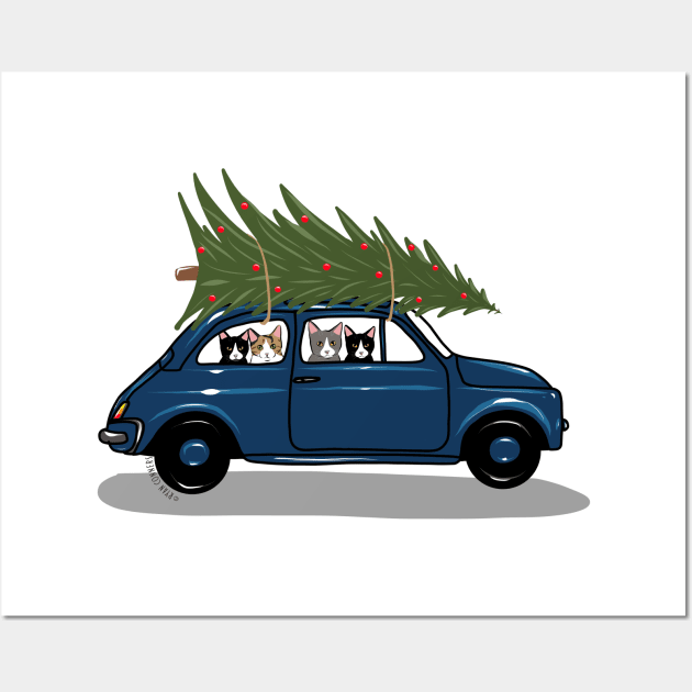 Bringing Home the Christmas Tree Blue Wall Art by KilkennyCat Art